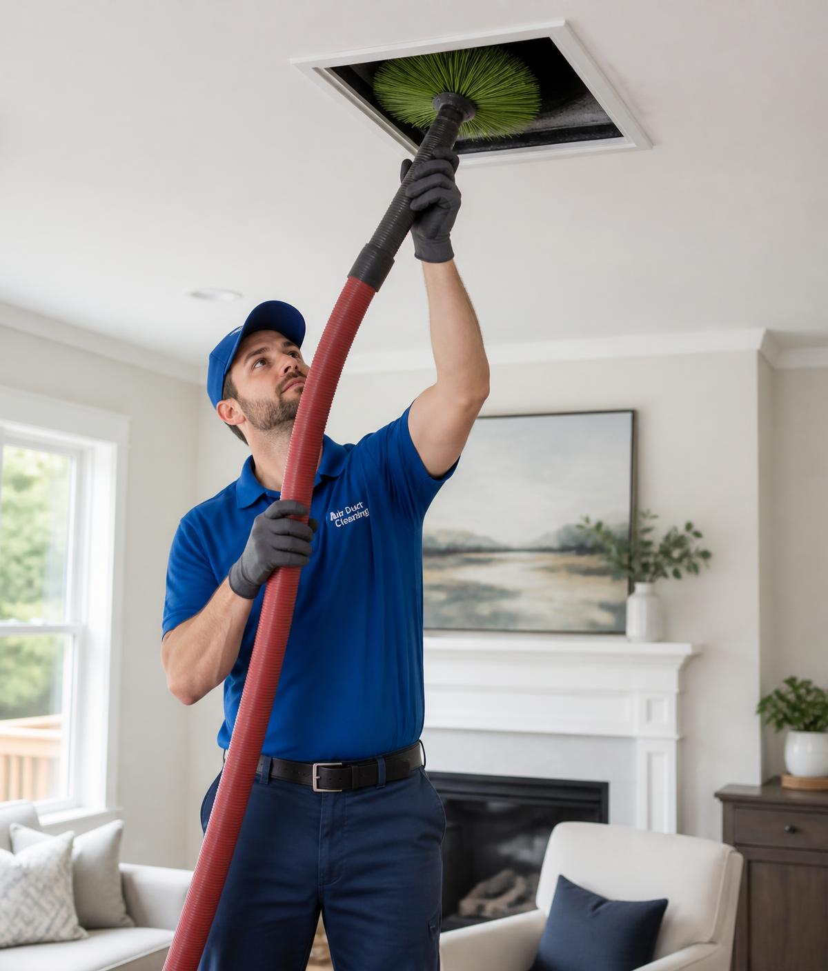 Technician cleaning a ceiling air duct with a rotary brush and vacuum hose